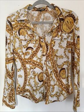 Fashion Nova White & Gold Baroque Button-Down Blouse